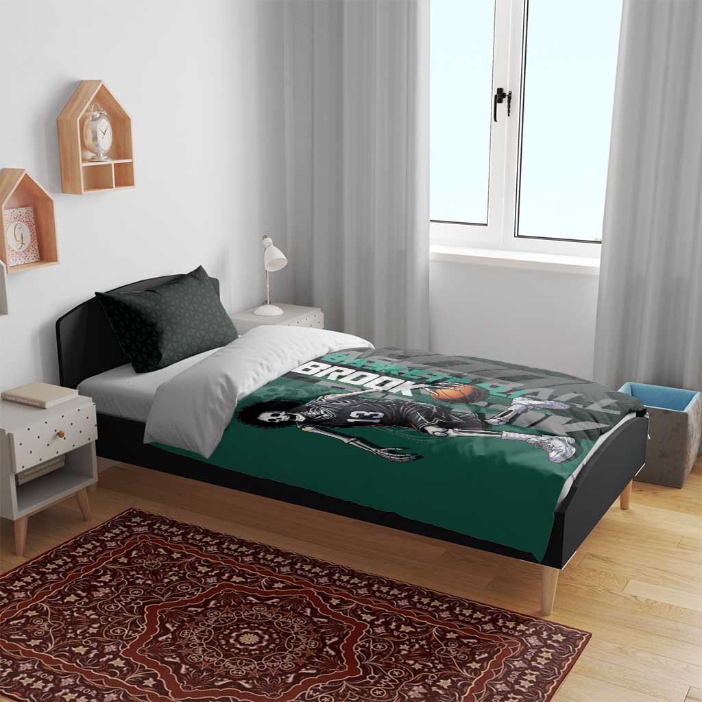 Brook One Piece Basketball Theme Green and Black Design Bedding Set with Skull Emblem and Energetic Pose - The Mazicc