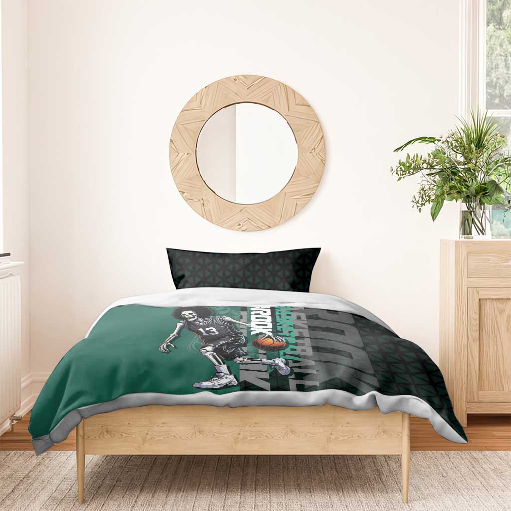 Brook One Piece Basketball Theme Green and Black Design Bedding Set with Skull Emblem and Energetic Pose - The Mazicc