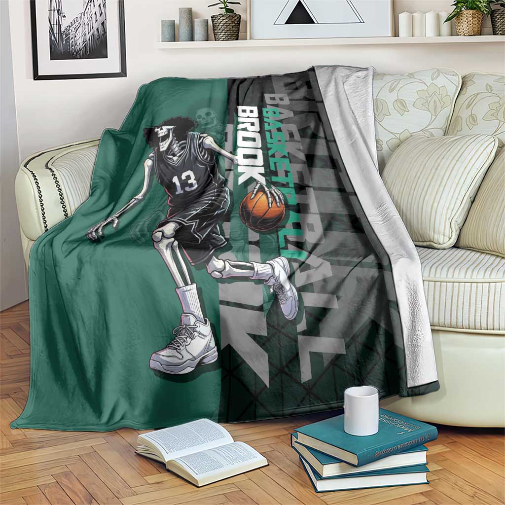 Brook One Piece Basketball Theme Green and Black Design Blanket with Skull Emblem and Energetic Pose - The Mazicc