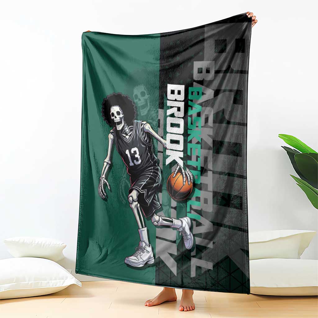 Brook One Piece Basketball Theme Green and Black Design Blanket with Skull Emblem and Energetic Pose - The Mazicc