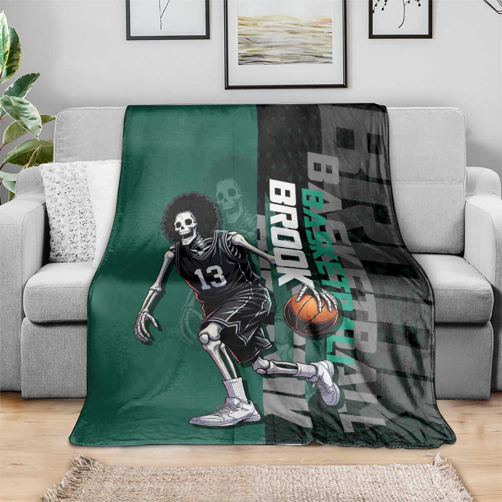 Brook One Piece Basketball Theme Green and Black Design Blanket with Skull Emblem and Energetic Pose - The Mazicc