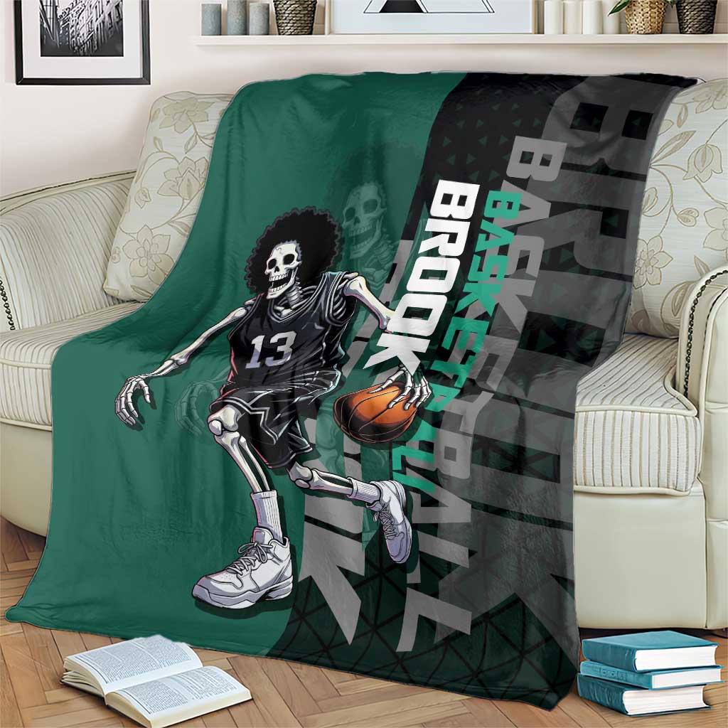 Brook One Piece Basketball Theme Green and Black Design Blanket with Skull Emblem and Energetic Pose - The Mazicc