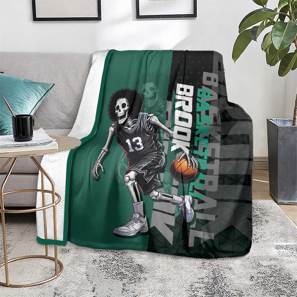 Brook One Piece Basketball Theme Green and Black Design Blanket with Skull Emblem and Energetic Pose - The Mazicc