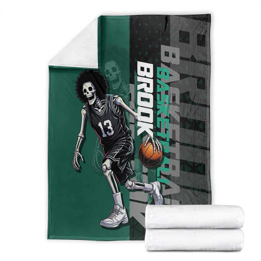 Brook One Piece Basketball Theme Green and Black Design Blanket with Skull Emblem and Energetic Pose - The Mazicc