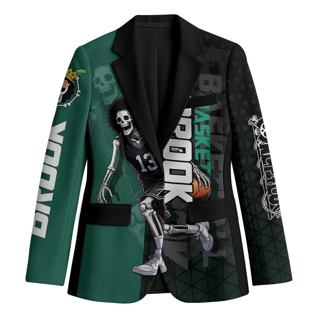 Brook One Piece Basketball Theme Green and Black Design Blazer with Skull Emblem and Energetic Pose - The Mazicc