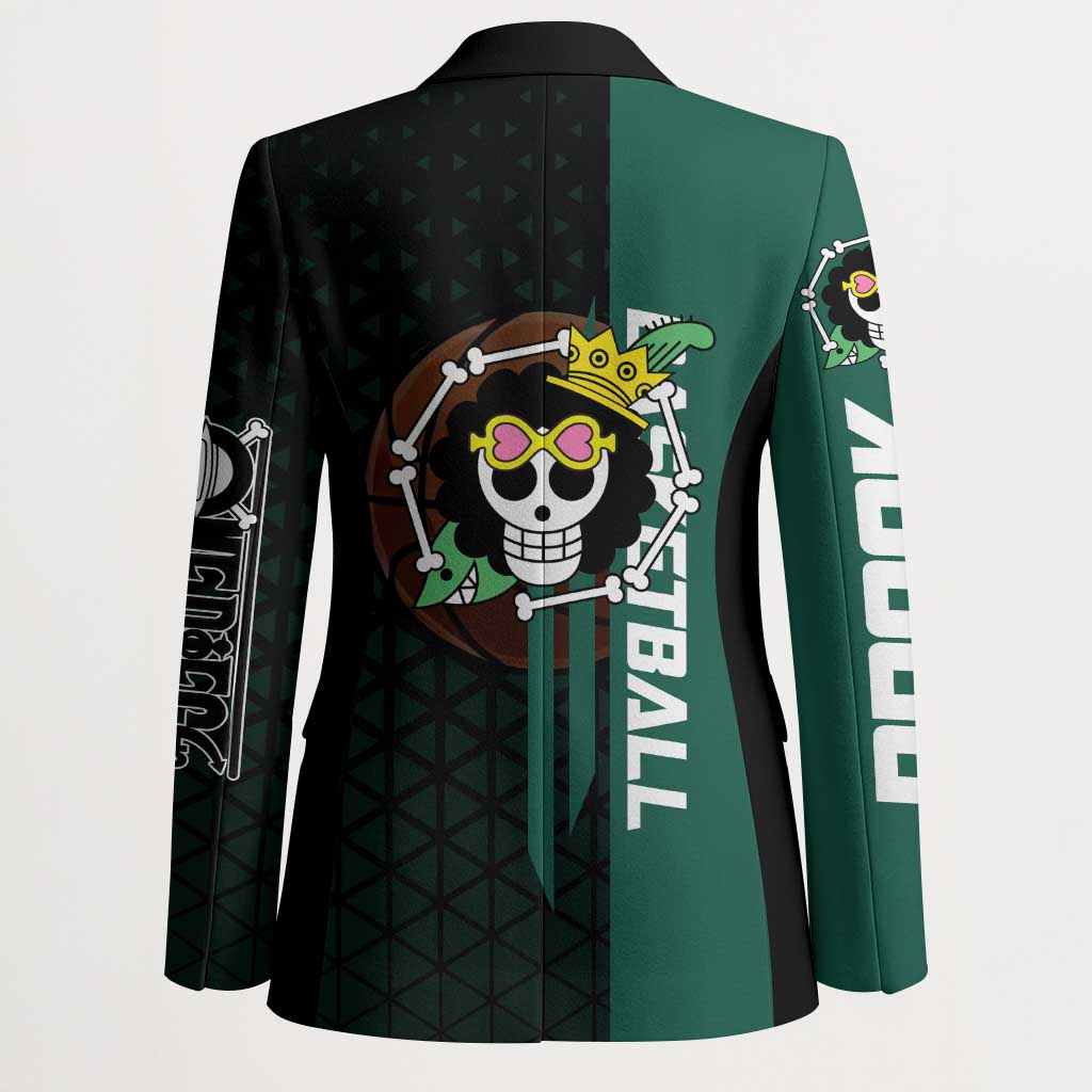 Brook One Piece Basketball Theme Green and Black Design Blazer with Skull Emblem and Energetic Pose - The Mazicc