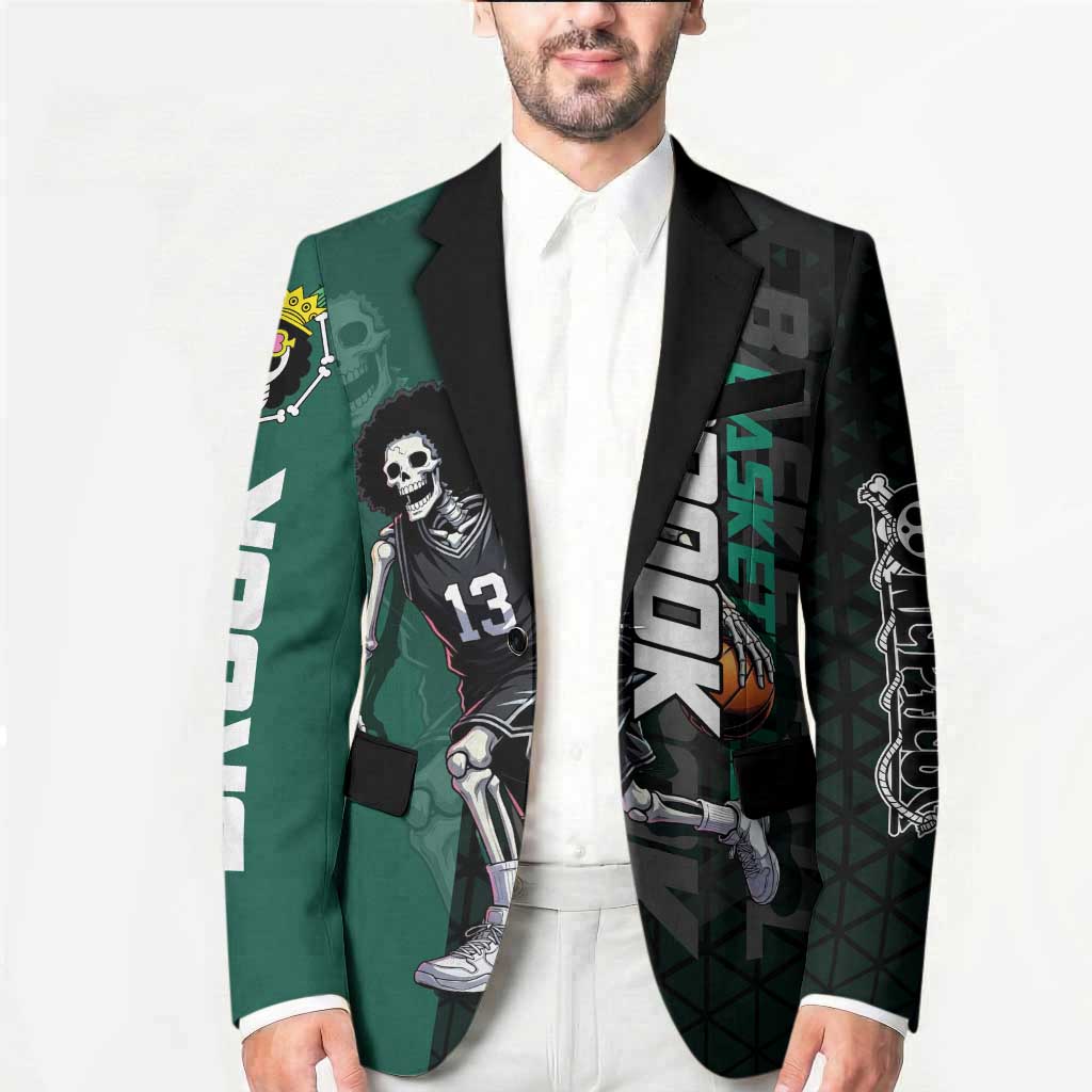 Brook One Piece Basketball Theme Green and Black Design Blazer with Skull Emblem and Energetic Pose - The Mazicc