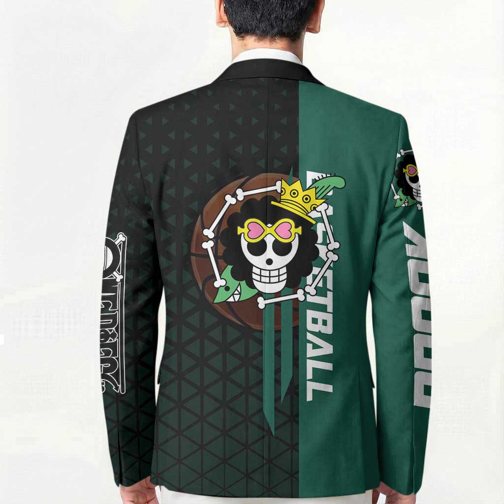 Brook One Piece Basketball Theme Green and Black Design Blazer with Skull Emblem and Energetic Pose - The Mazicc