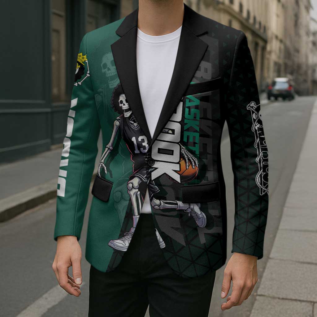 Brook One Piece Basketball Theme Green and Black Design Blazer with Skull Emblem and Energetic Pose - The Mazicc