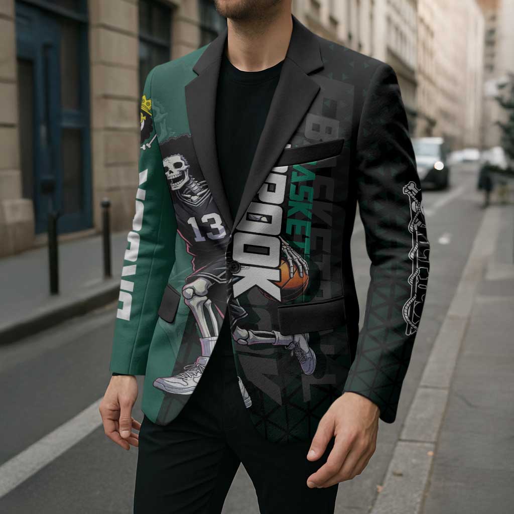 Brook One Piece Basketball Theme Green and Black Design Blazer with Skull Emblem and Energetic Pose - The Mazicc