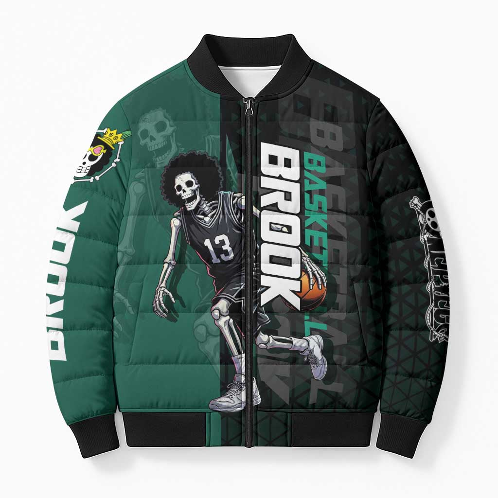 Brook One Piece Basketball Theme Green and Black Design Bomber Puffer Jacket with Skull Emblem and Energetic Pose - The Mazicc
