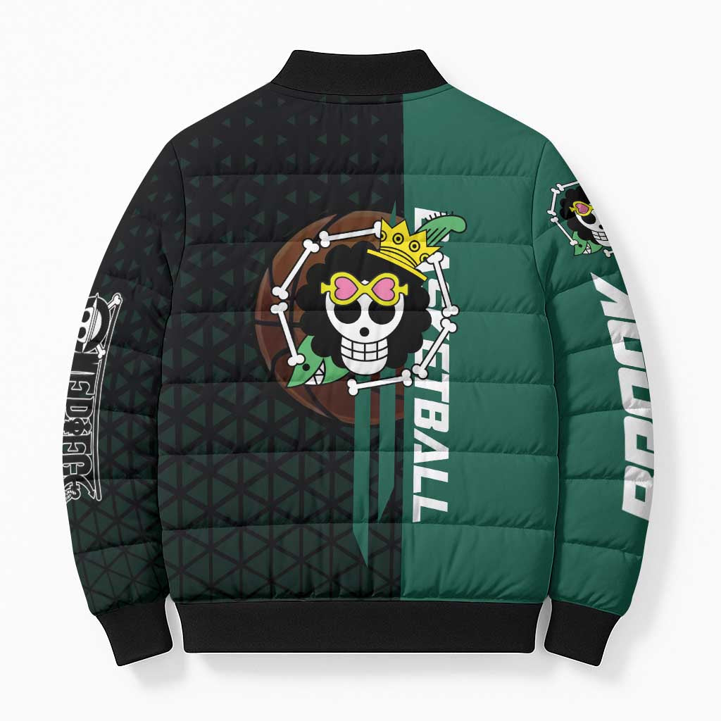 Brook One Piece Basketball Theme Green and Black Design Bomber Puffer Jacket with Skull Emblem and Energetic Pose - The Mazicc