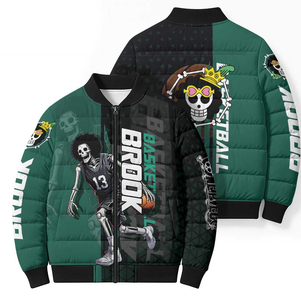 Brook One Piece Basketball Theme Green and Black Design Bomber Puffer Jacket with Skull Emblem and Energetic Pose - The Mazicc