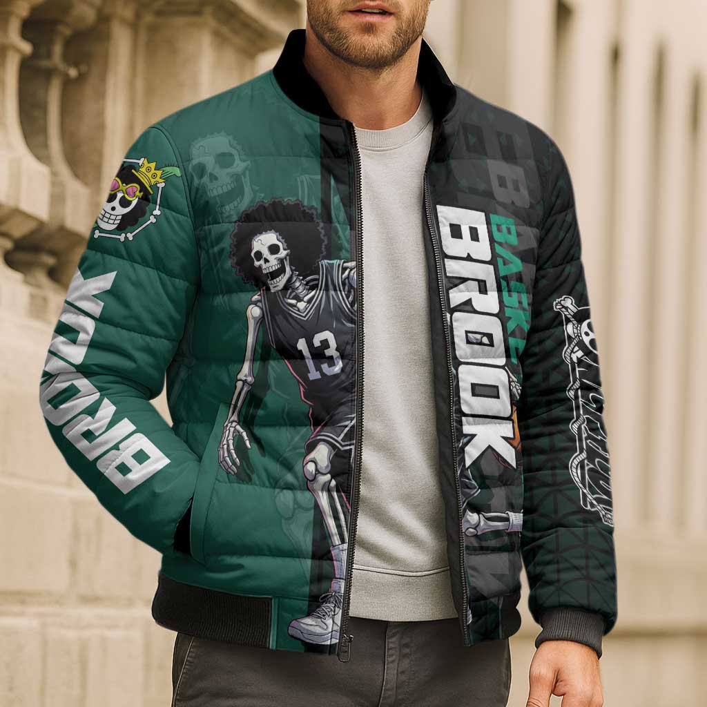 Brook One Piece Basketball Theme Green and Black Design Bomber Puffer Jacket with Skull Emblem and Energetic Pose - The Mazicc