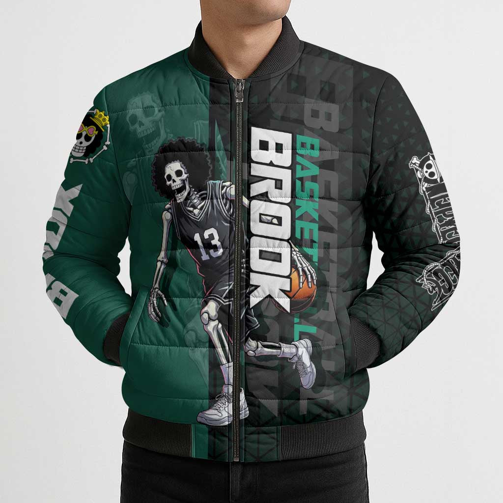 Brook One Piece Basketball Theme Green and Black Design Bomber Puffer Jacket with Skull Emblem and Energetic Pose - The Mazicc