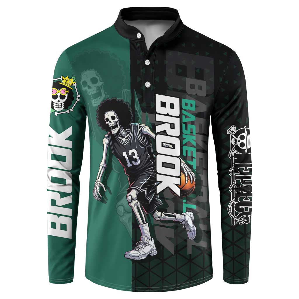 Brook One Piece Basketball Theme Green and Black Design Button Sweatshirt with Skull Emblem and Energetic Pose - The Mazicc
