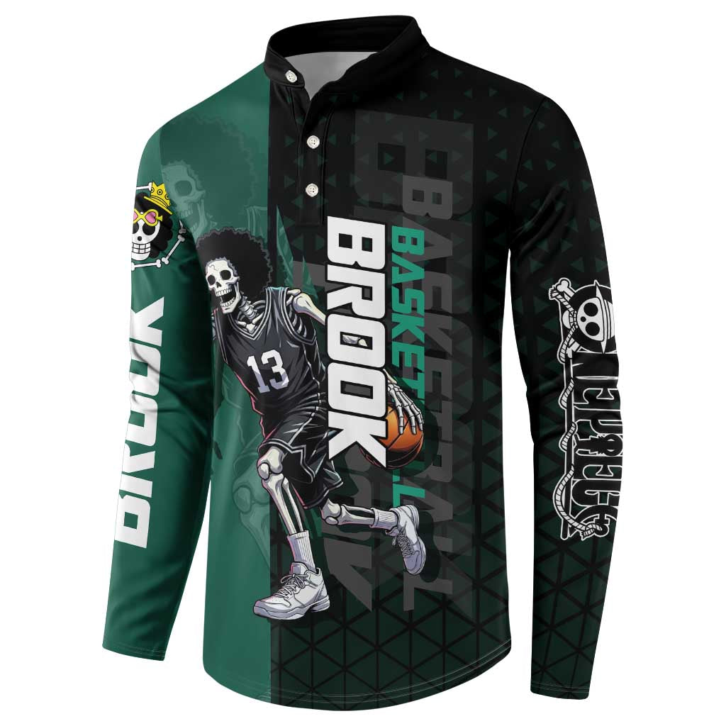 Brook One Piece Basketball Theme Green and Black Design Button Sweatshirt with Skull Emblem and Energetic Pose - The Mazicc