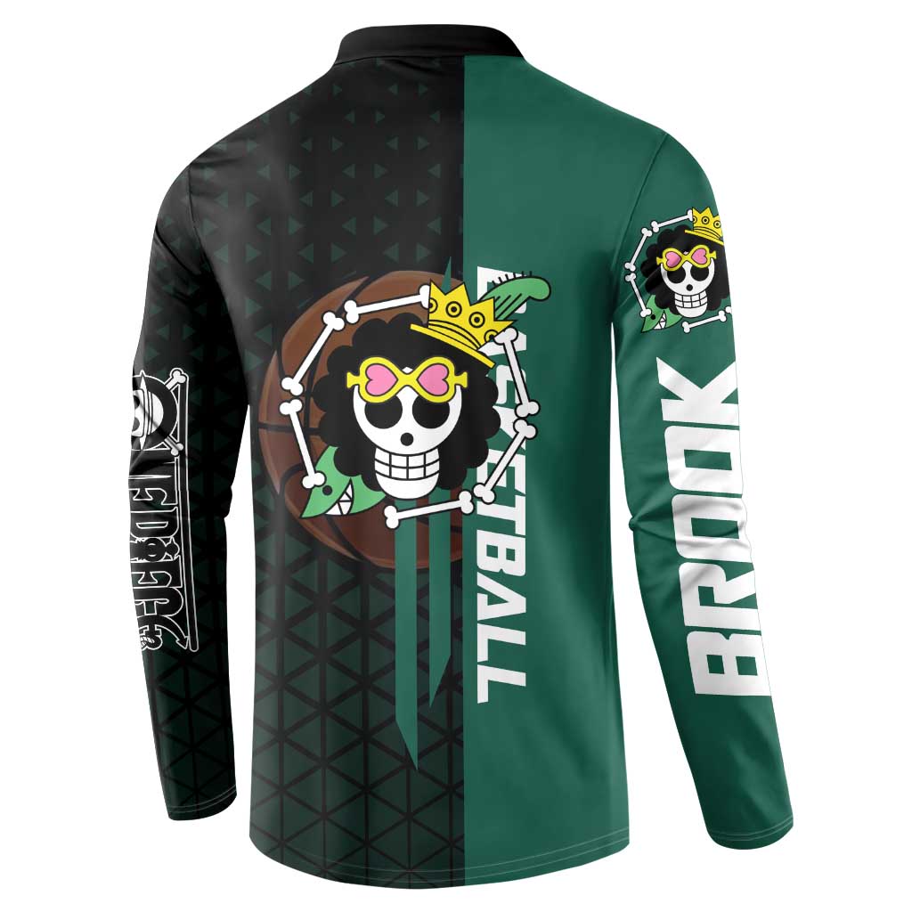 Brook One Piece Basketball Theme Green and Black Design Button Sweatshirt with Skull Emblem and Energetic Pose - The Mazicc