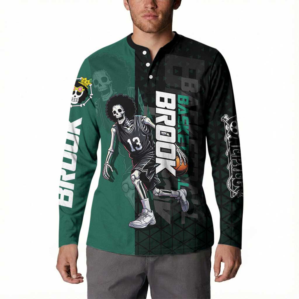 Brook One Piece Basketball Theme Green and Black Design Button Sweatshirt with Skull Emblem and Energetic Pose - The Mazicc