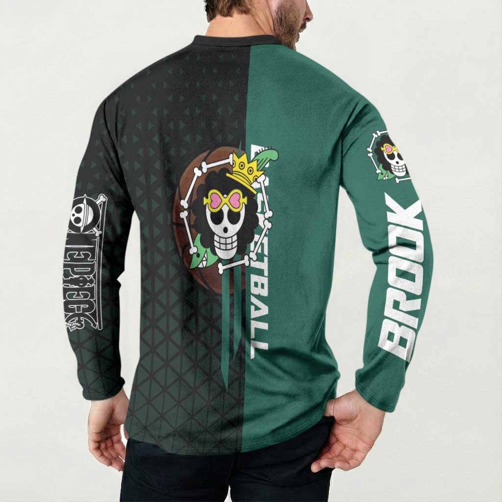Brook One Piece Basketball Theme Green and Black Design Button Sweatshirt with Skull Emblem and Energetic Pose - The Mazicc