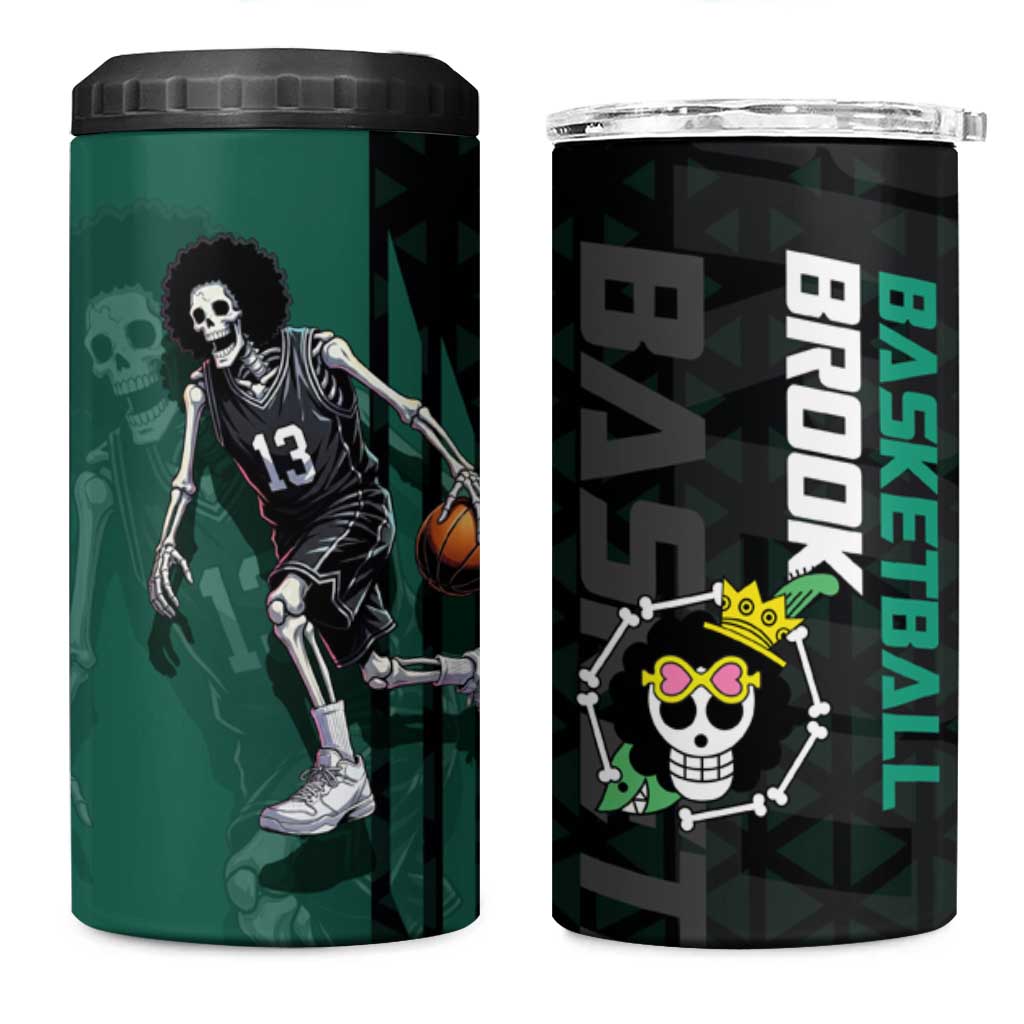 Brook One Piece Basketball Theme Green and Black Design 4 in 1 Can Cooler Tumbler with Skull Emblem and Energetic Pose - The Mazicc