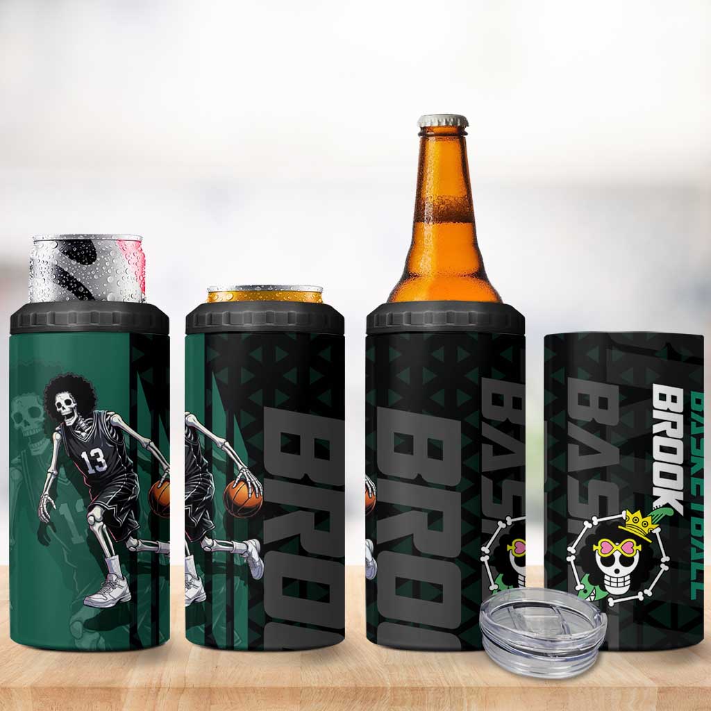 Brook One Piece Basketball Theme Green and Black Design 4 in 1 Can Cooler Tumbler with Skull Emblem and Energetic Pose - The Mazicc