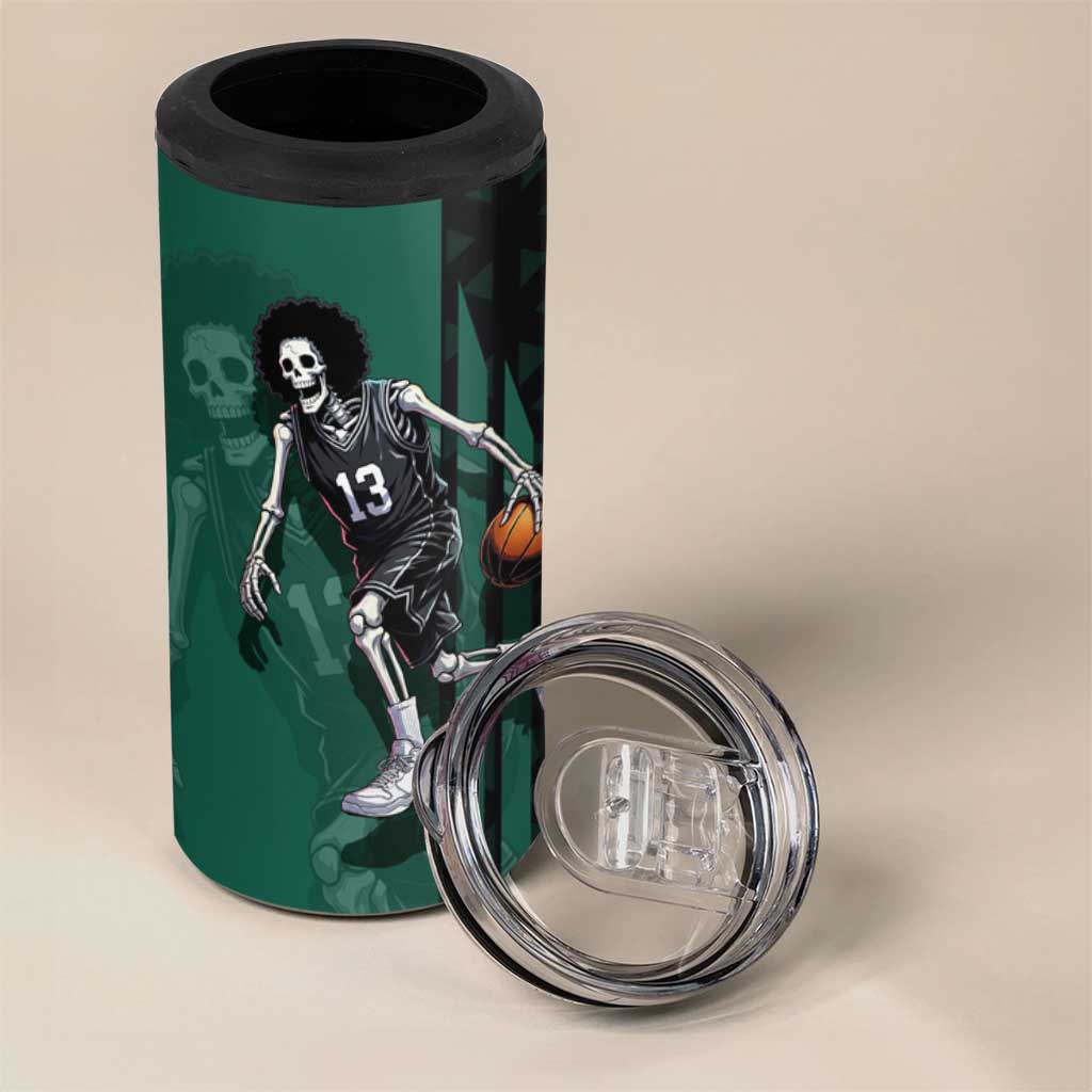 Brook One Piece Basketball Theme Green and Black Design 4 in 1 Can Cooler Tumbler with Skull Emblem and Energetic Pose - The Mazicc