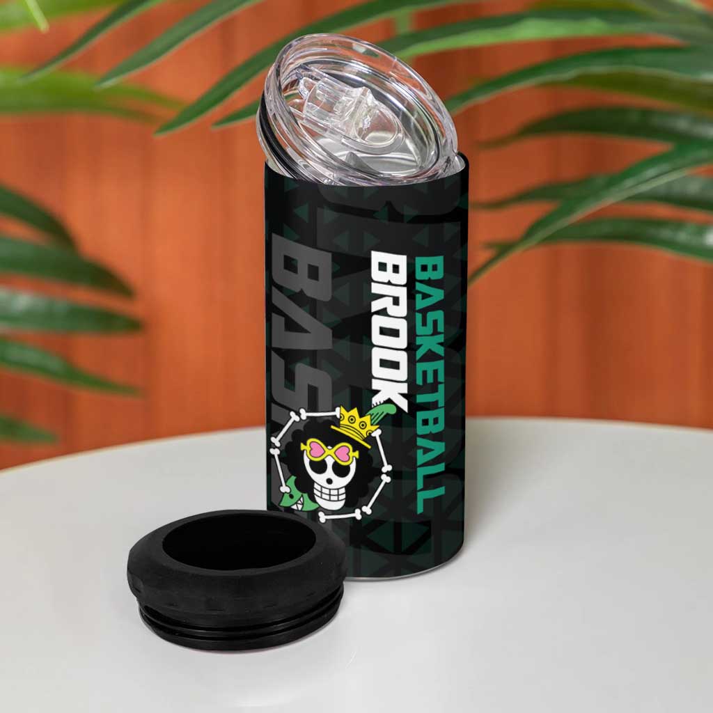 Brook One Piece Basketball Theme Green and Black Design 4 in 1 Can Cooler Tumbler with Skull Emblem and Energetic Pose - The Mazicc