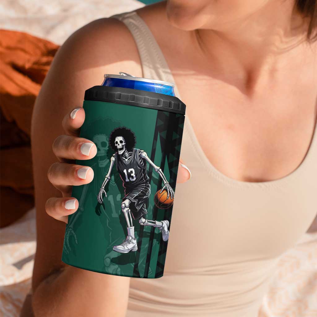 Brook One Piece Basketball Theme Green and Black Design 4 in 1 Can Cooler Tumbler with Skull Emblem and Energetic Pose - The Mazicc
