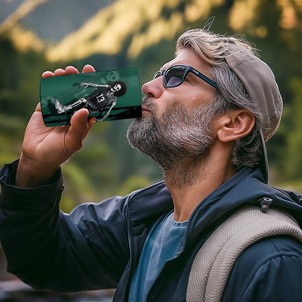 Brook One Piece Basketball Theme Green and Black Design 4 in 1 Can Cooler Tumbler with Skull Emblem and Energetic Pose - The Mazicc