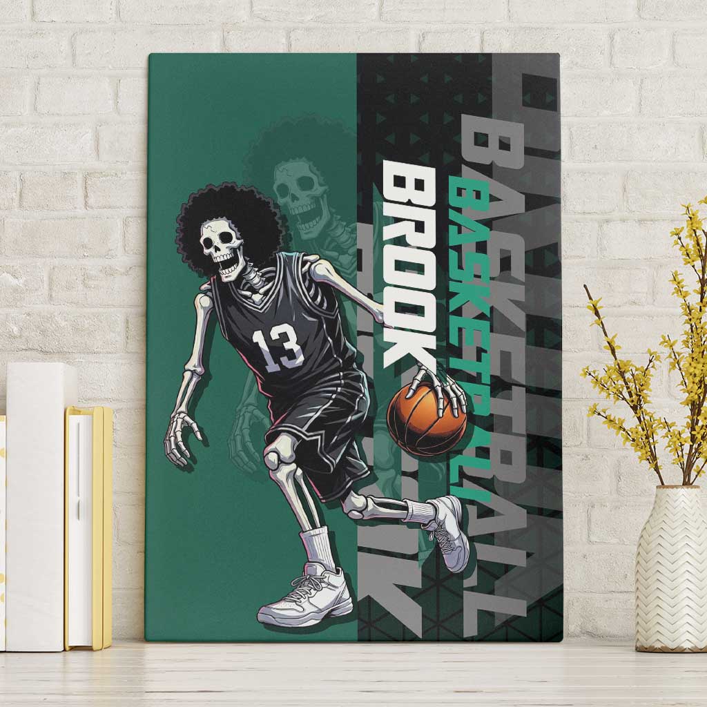 Brook One Piece Basketball Theme Green and Black Design Canvas Wall Art with Skull Emblem and Energetic Pose - The Mazicc