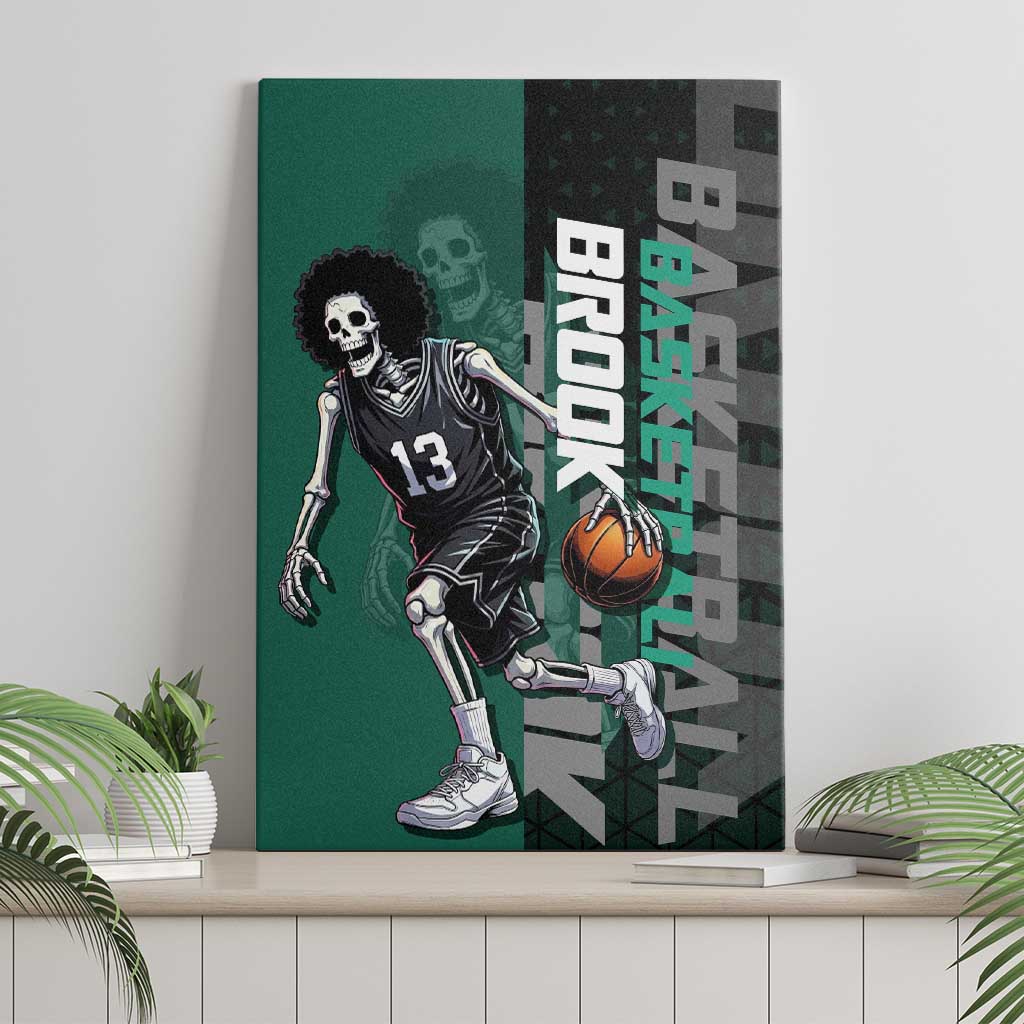Brook One Piece Basketball Theme Green and Black Design Canvas Wall Art with Skull Emblem and Energetic Pose - The Mazicc