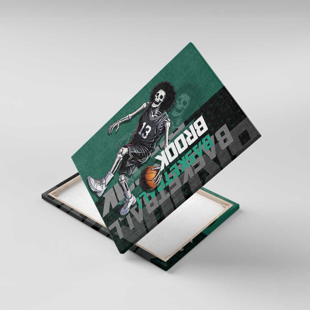 Brook One Piece Basketball Theme Green and Black Design Canvas Wall Art with Skull Emblem and Energetic Pose - The Mazicc