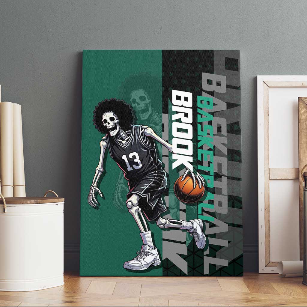 Brook One Piece Basketball Theme Green and Black Design Canvas Wall Art with Skull Emblem and Energetic Pose - The Mazicc