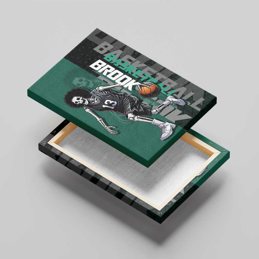 Brook One Piece Basketball Theme Green and Black Design Canvas Wall Art with Skull Emblem and Energetic Pose - The Mazicc