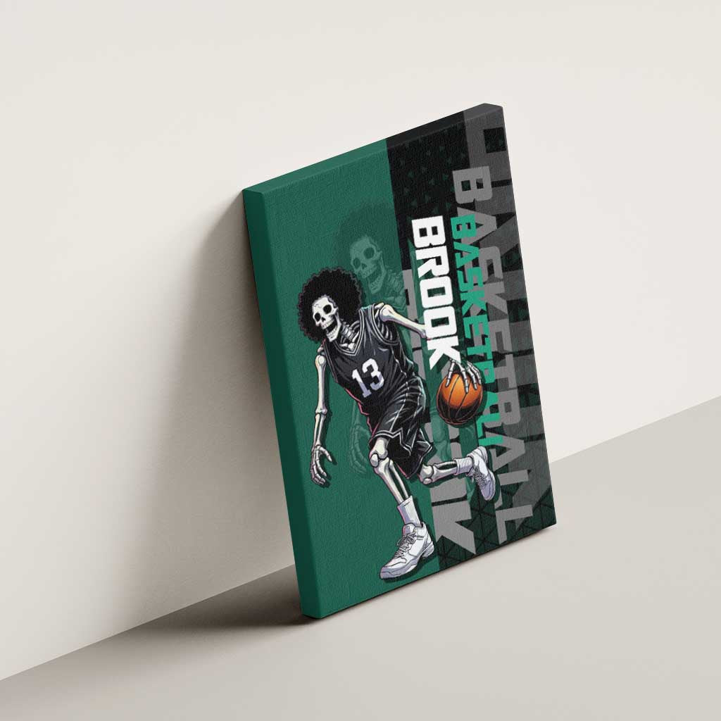 Brook One Piece Basketball Theme Green and Black Design Canvas Wall Art with Skull Emblem and Energetic Pose - The Mazicc