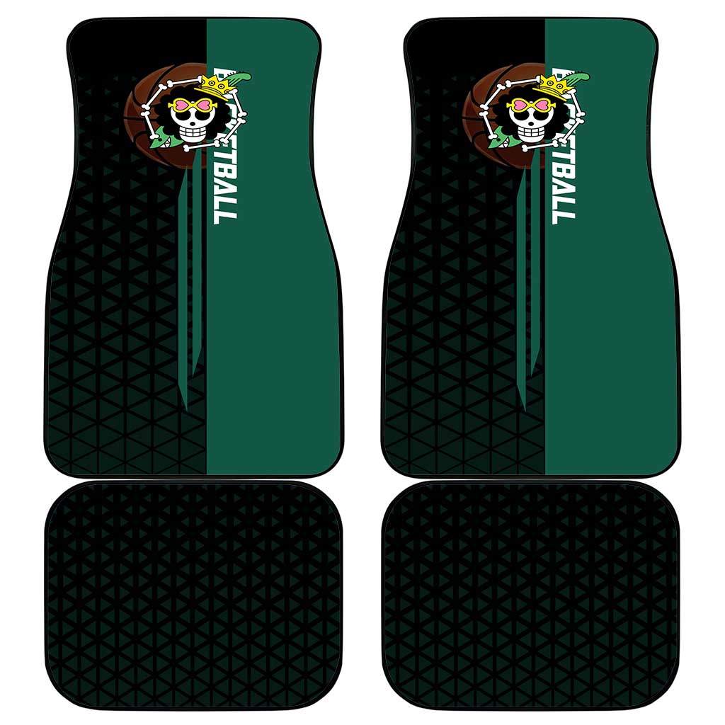 Brook One Piece Basketball Theme Green and Black Design Car Mats with Skull Emblem and Energetic Pose - The Mazicc