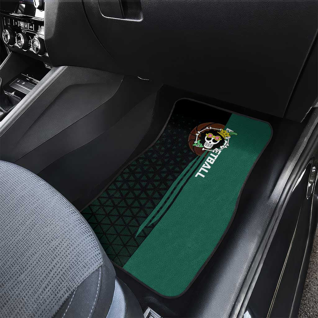 Brook One Piece Basketball Theme Green and Black Design Car Mats with Skull Emblem and Energetic Pose - The Mazicc