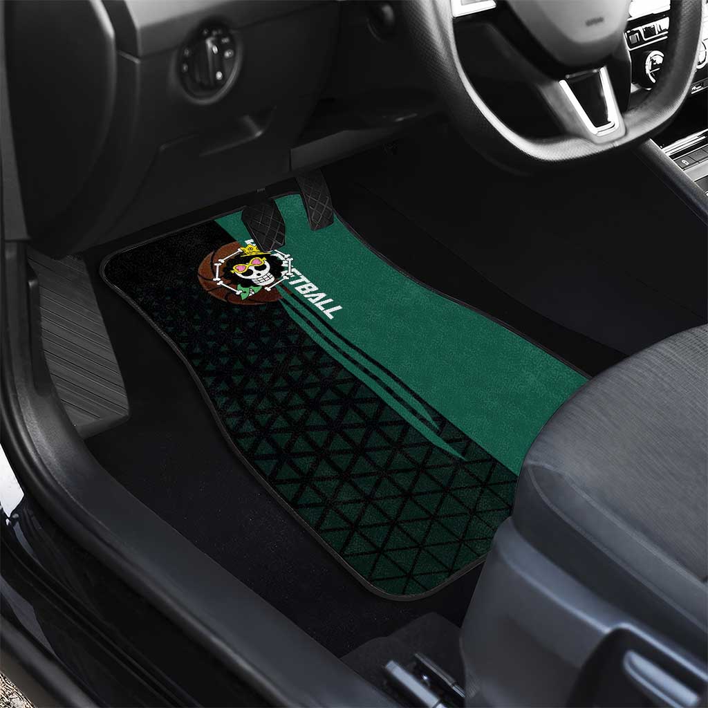 Brook One Piece Basketball Theme Green and Black Design Car Mats with Skull Emblem and Energetic Pose - The Mazicc