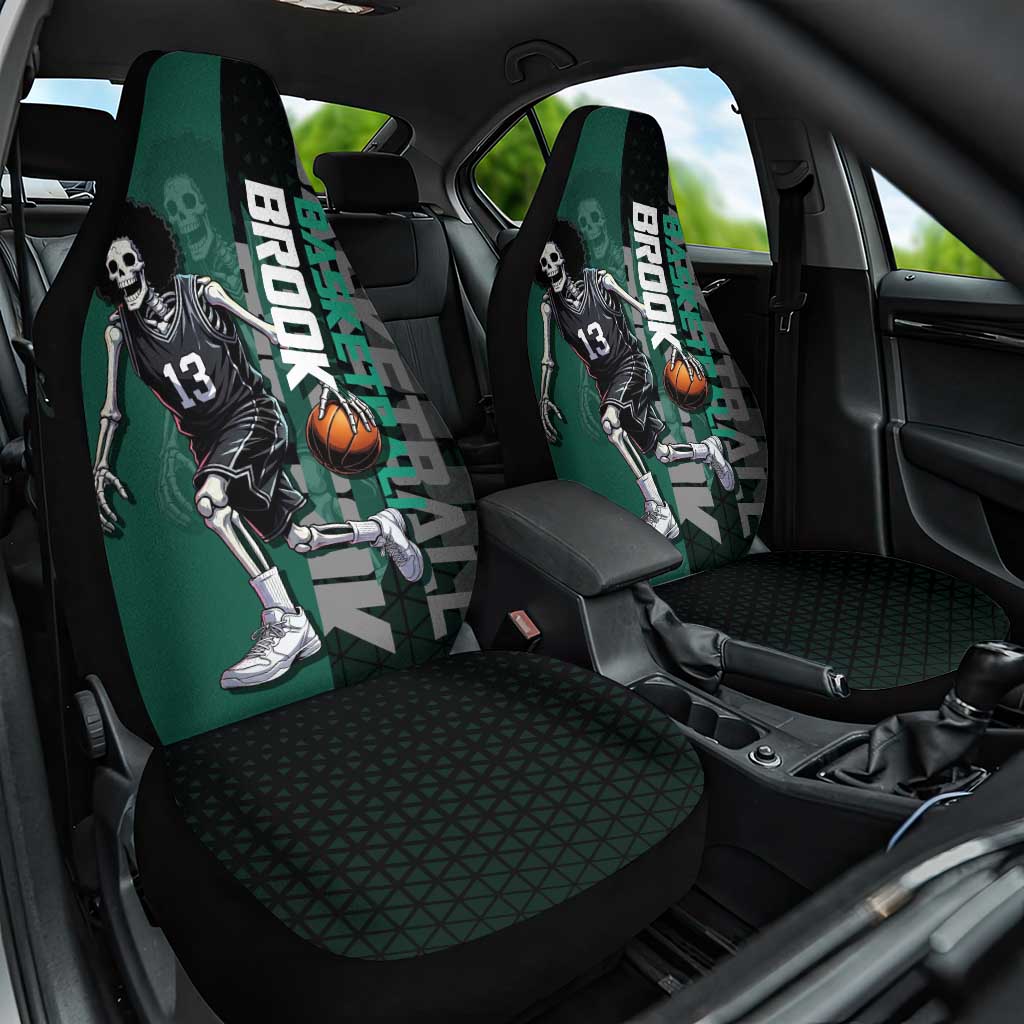 Brook One Piece Basketball Theme Green and Black Design Car Seat Cover with Skull Emblem and Energetic Pose - The Mazicc