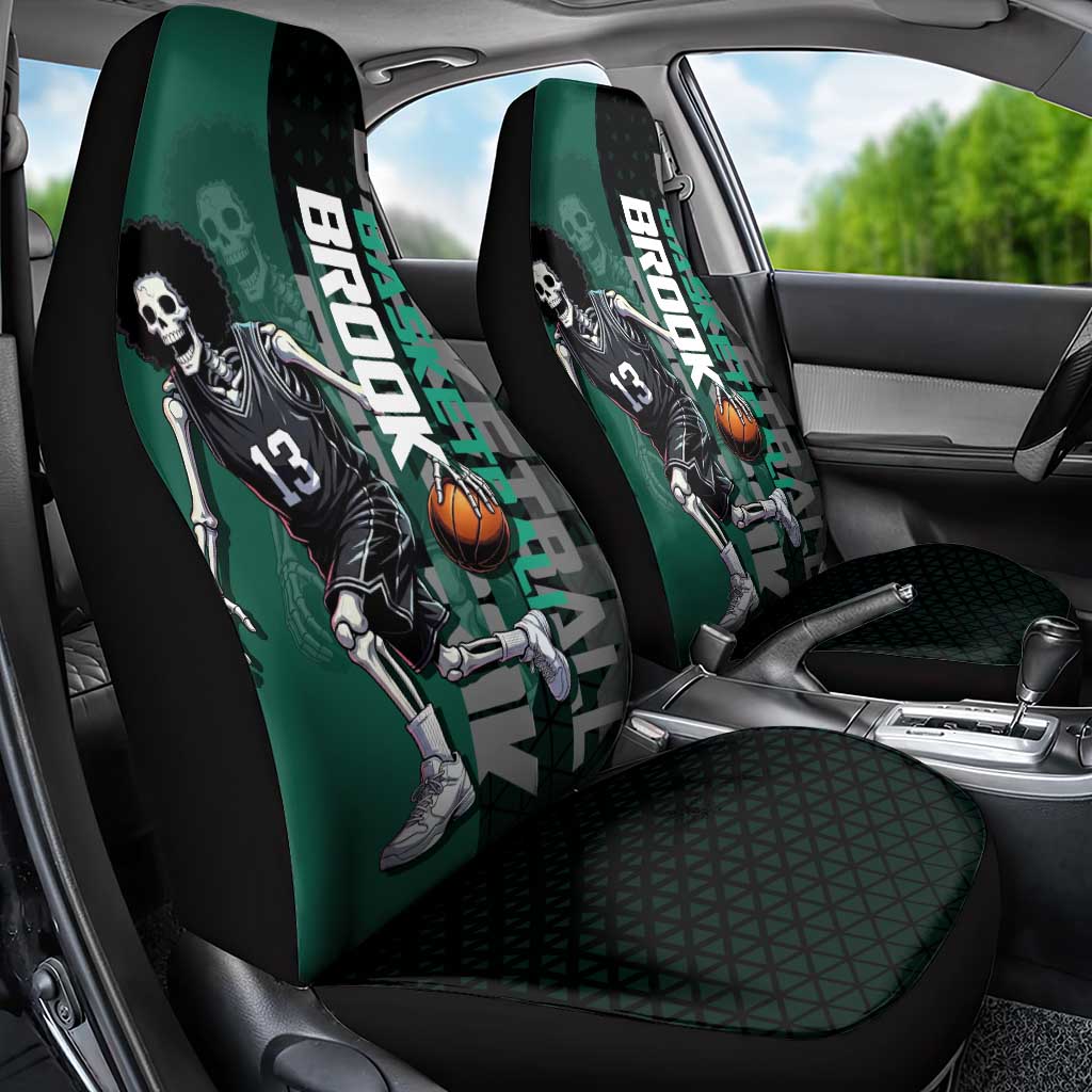 Brook One Piece Basketball Theme Green and Black Design Car Seat Cover with Skull Emblem and Energetic Pose - The Mazicc