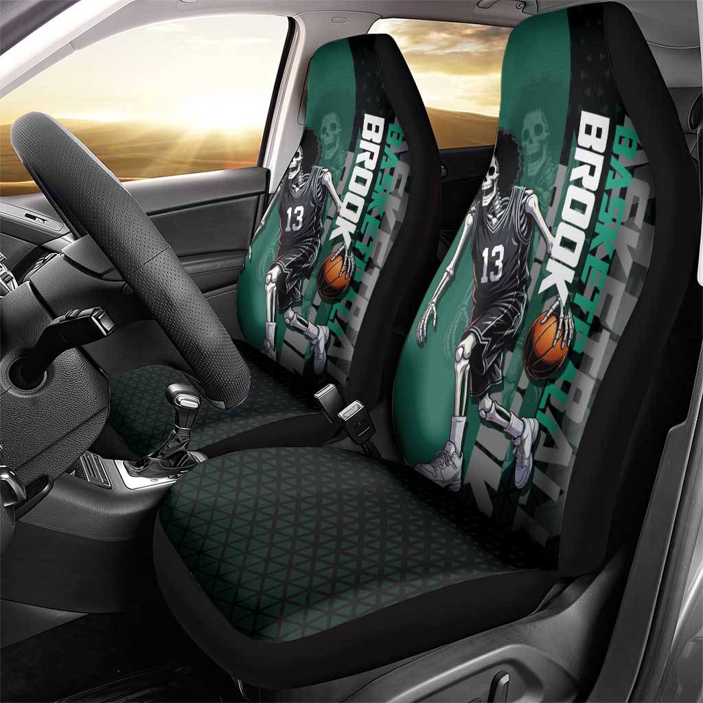 Brook One Piece Basketball Theme Green and Black Design Car Seat Cover with Skull Emblem and Energetic Pose - The Mazicc