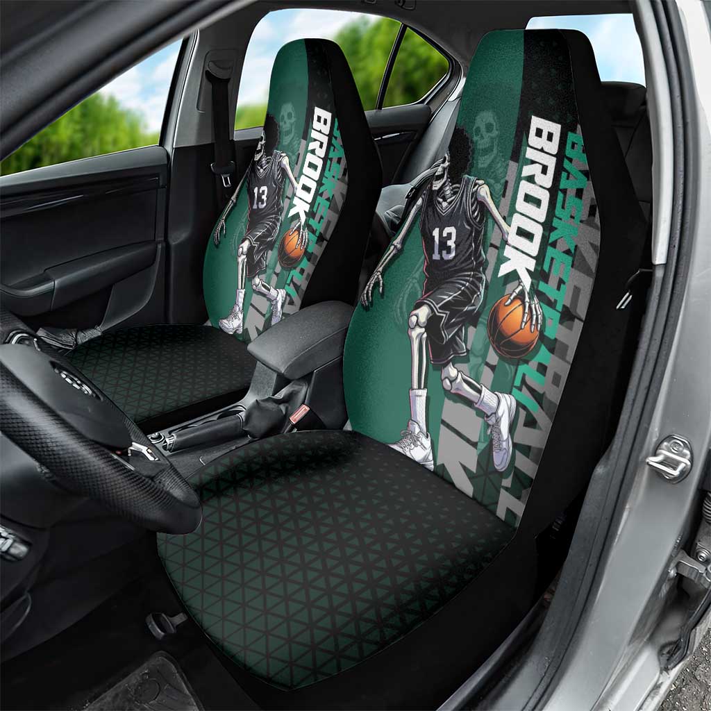 Brook One Piece Basketball Theme Green and Black Design Car Seat Cover with Skull Emblem and Energetic Pose - The Mazicc