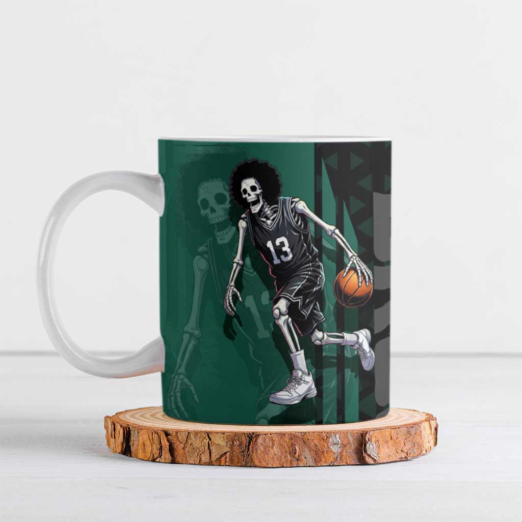 Brook One Piece Basketball Theme Green and Black Design Ceramic Mug with Skull Emblem and Energetic Pose - The Mazicc