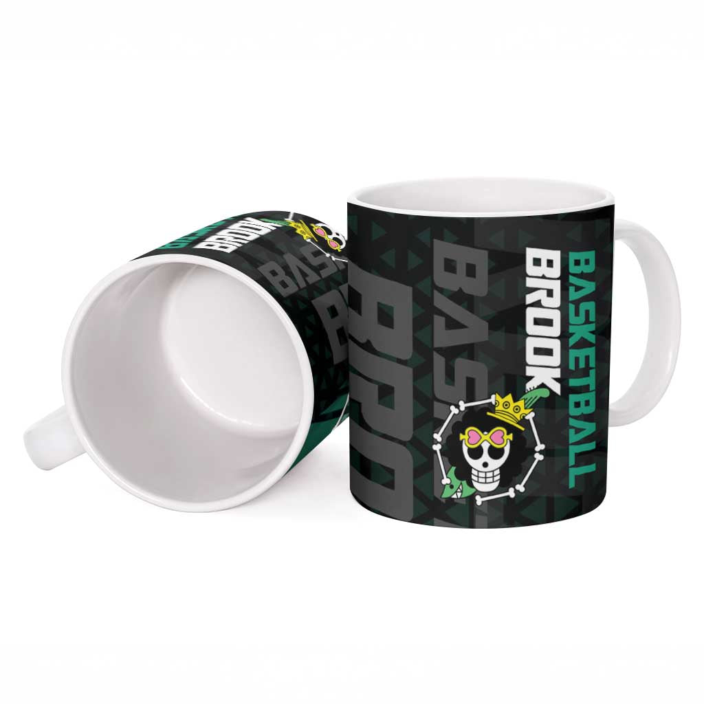 Brook One Piece Basketball Theme Green and Black Design Ceramic Mug with Skull Emblem and Energetic Pose - The Mazicc