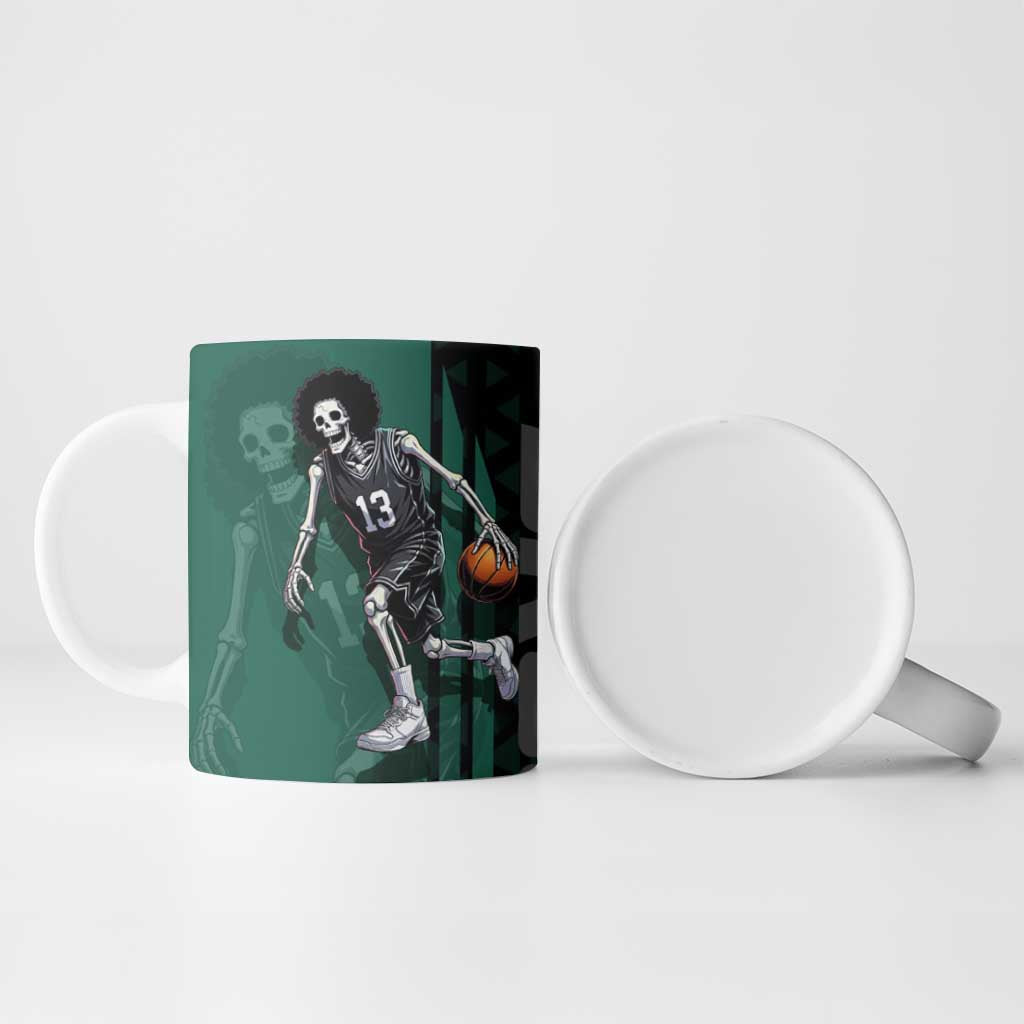 Brook One Piece Basketball Theme Green and Black Design Ceramic Mug with Skull Emblem and Energetic Pose - The Mazicc
