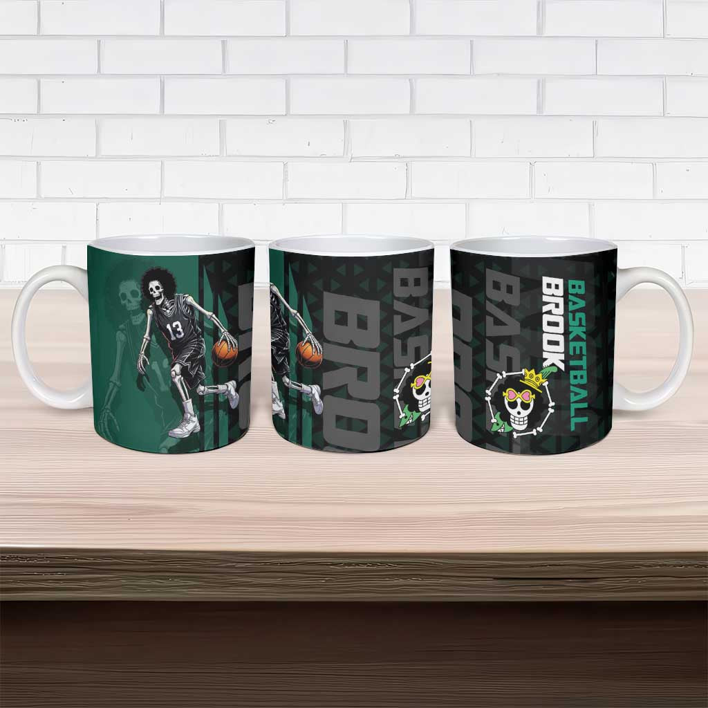 Brook One Piece Basketball Theme Green and Black Design Ceramic Mug with Skull Emblem and Energetic Pose - The Mazicc