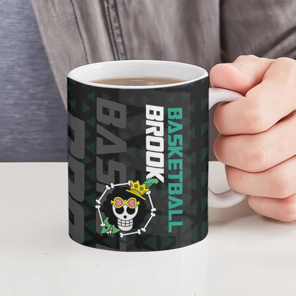 Brook One Piece Basketball Theme Green and Black Design Ceramic Mug with Skull Emblem and Energetic Pose - The Mazicc