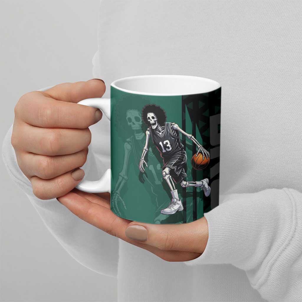 Brook One Piece Basketball Theme Green and Black Design Ceramic Mug with Skull Emblem and Energetic Pose - The Mazicc