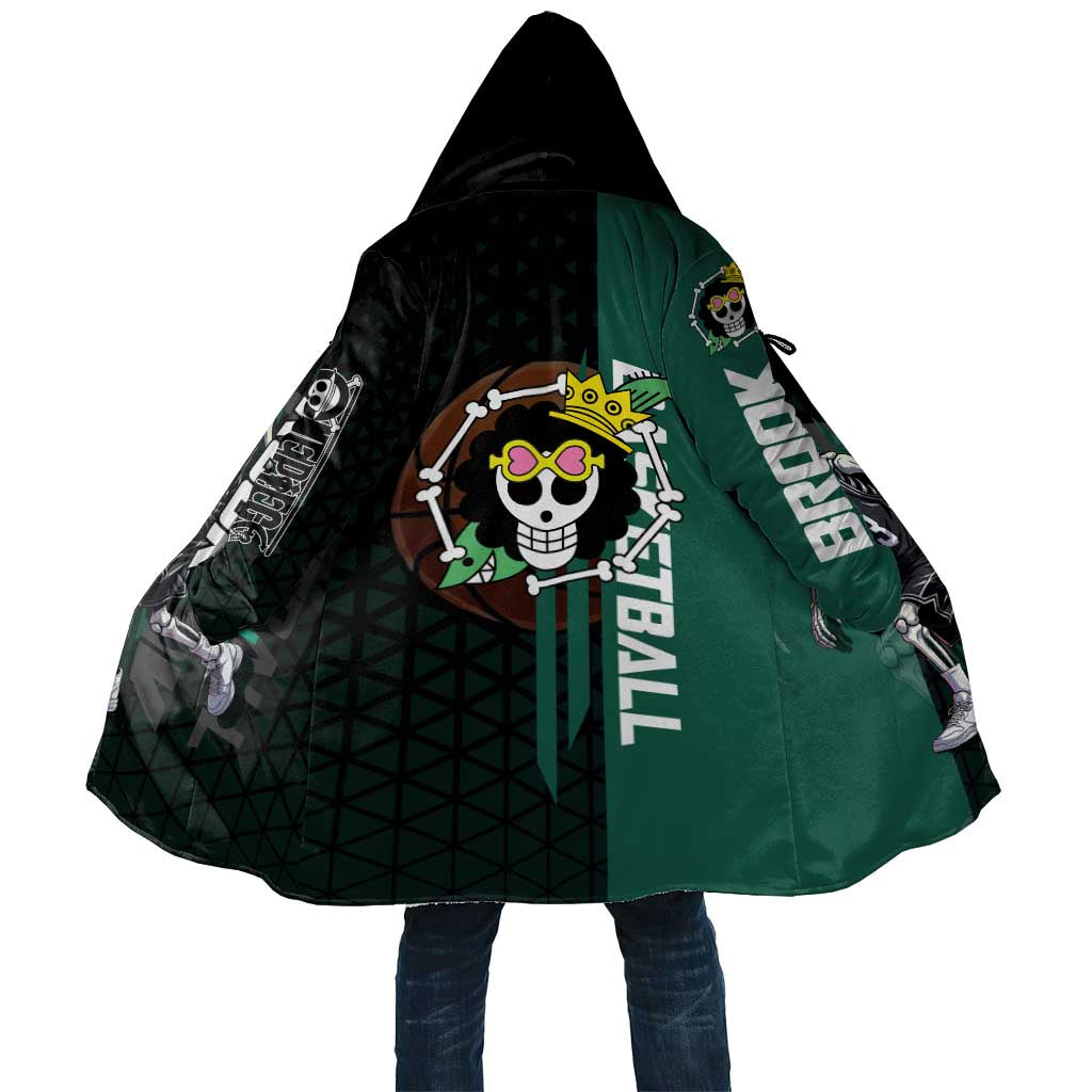 Brook One Piece Basketball Theme Green and Black Design Cloak with Skull Emblem and Energetic Pose - The Mazicc